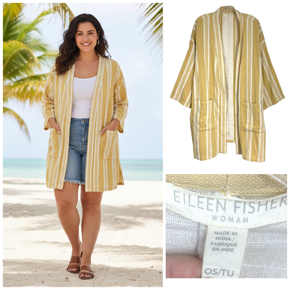 Eileen Fisher Woman O/S Organic Cotton Gold & White Striped Open Jacket Topper